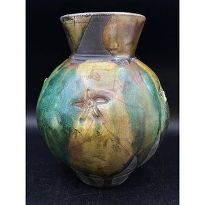 Lewis Raku Pottery Vase Large 8” Green Earth Tones Stars